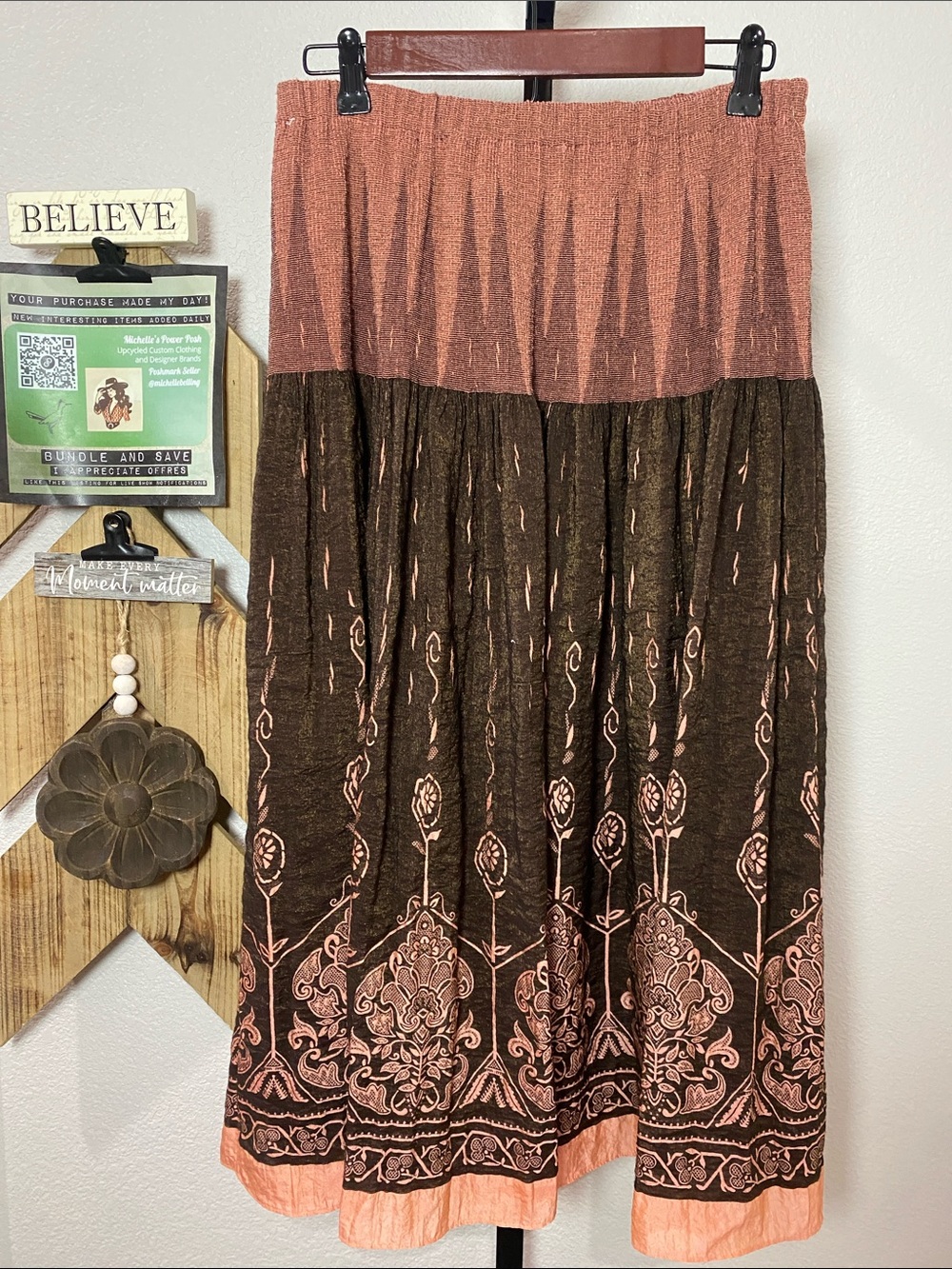 Coldwater Creek Rust and Dark Brown Printed Maxi Skirt 33L 15-17W